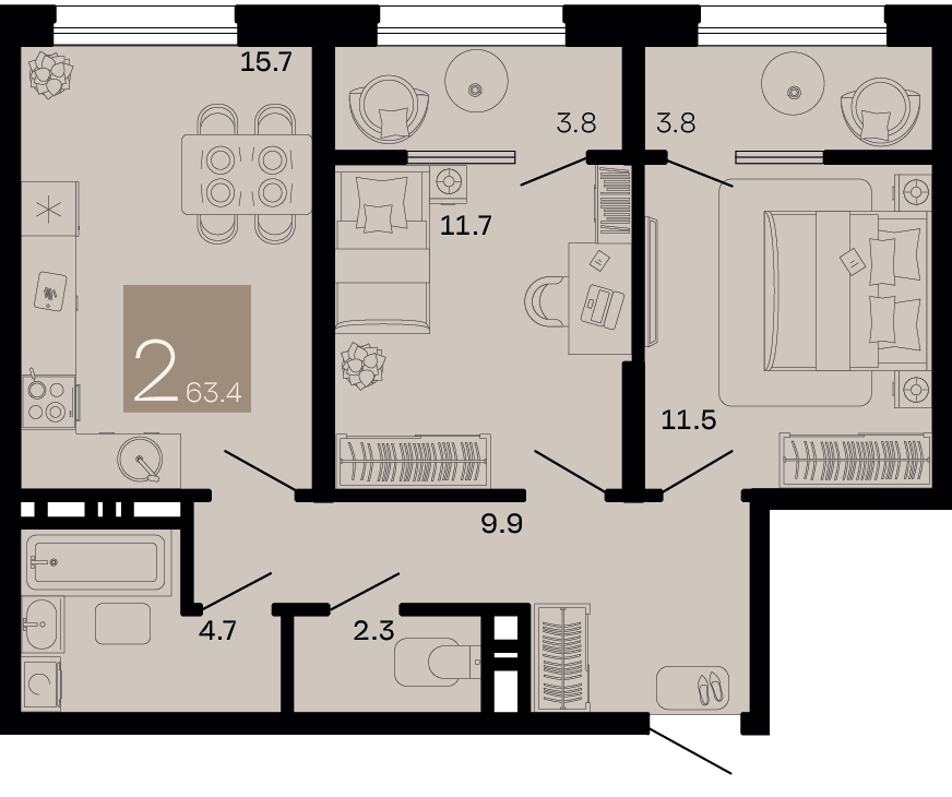 Планировка: 2-комн. квартира 59,6 м²