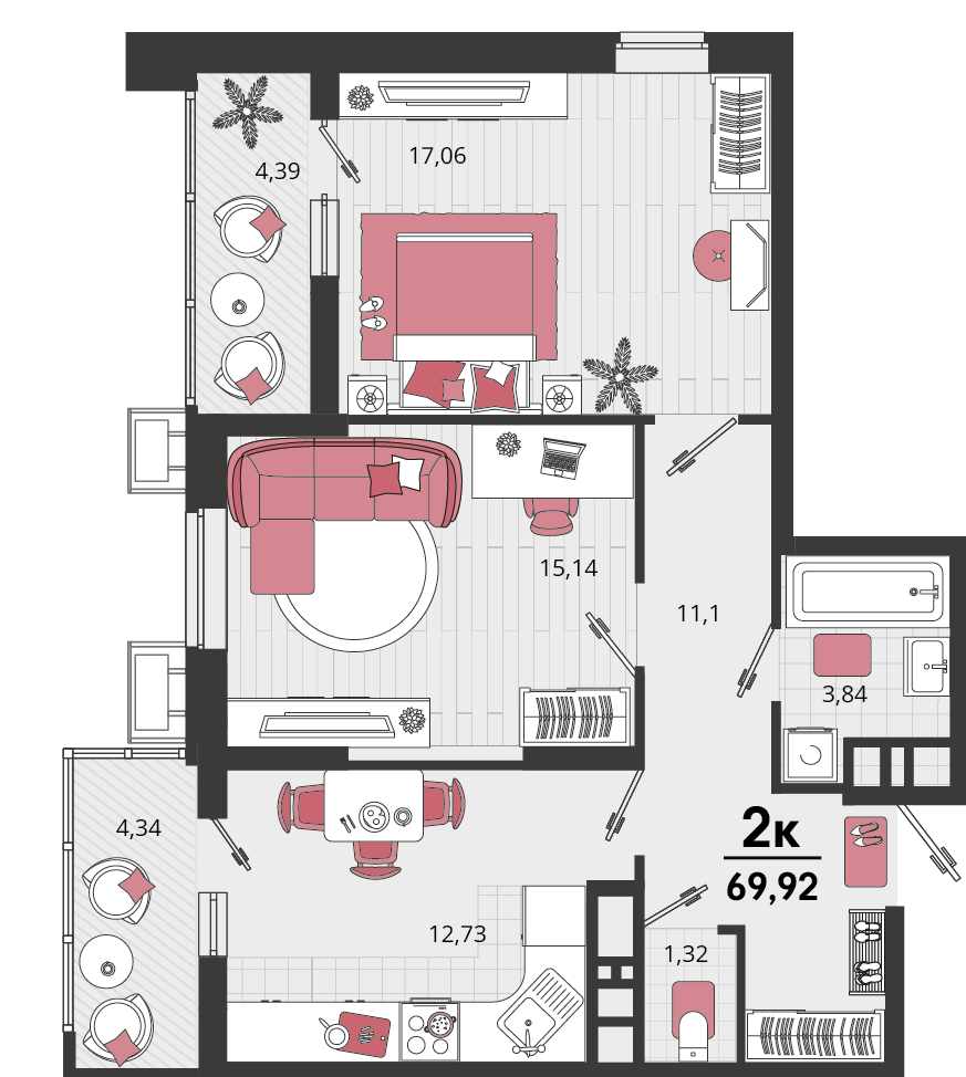 Планировка: 2-комн. квартира 65,6 м²