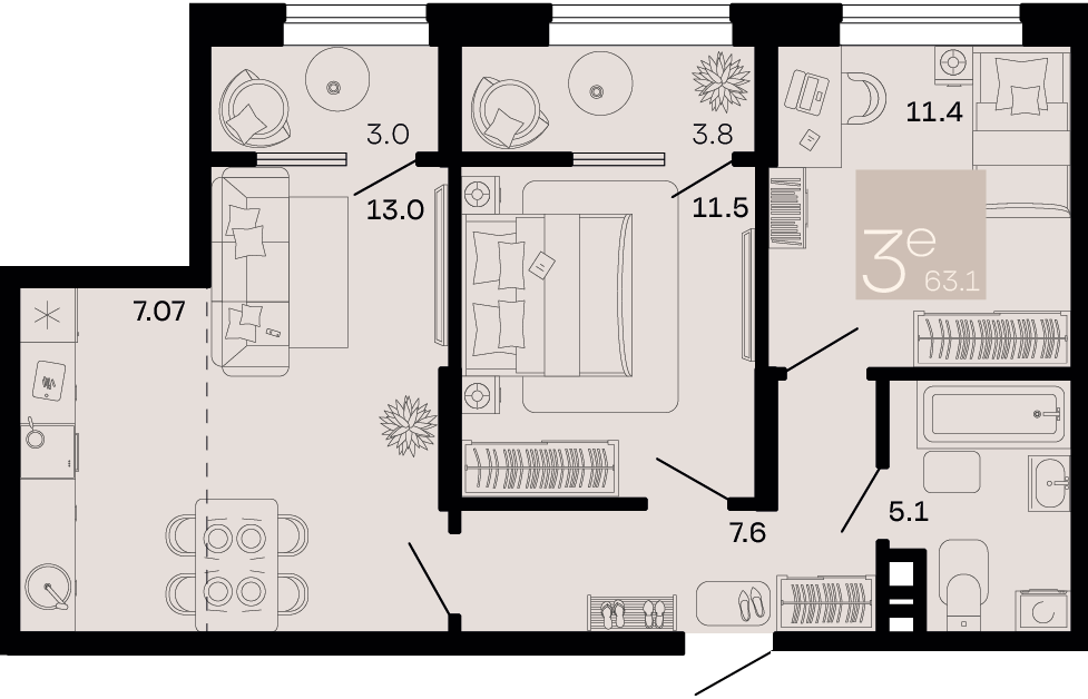 Планировка 3-комнатная 59,7 м²