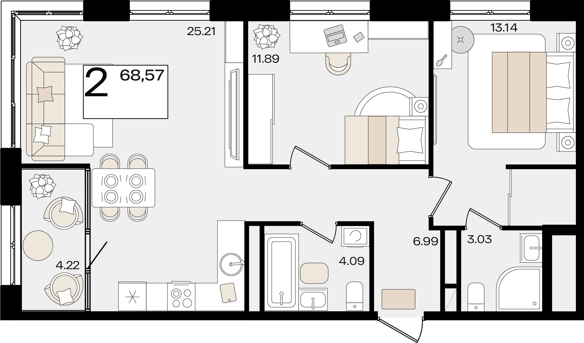 Планировка: 2-комн. квартира 66,3 м²