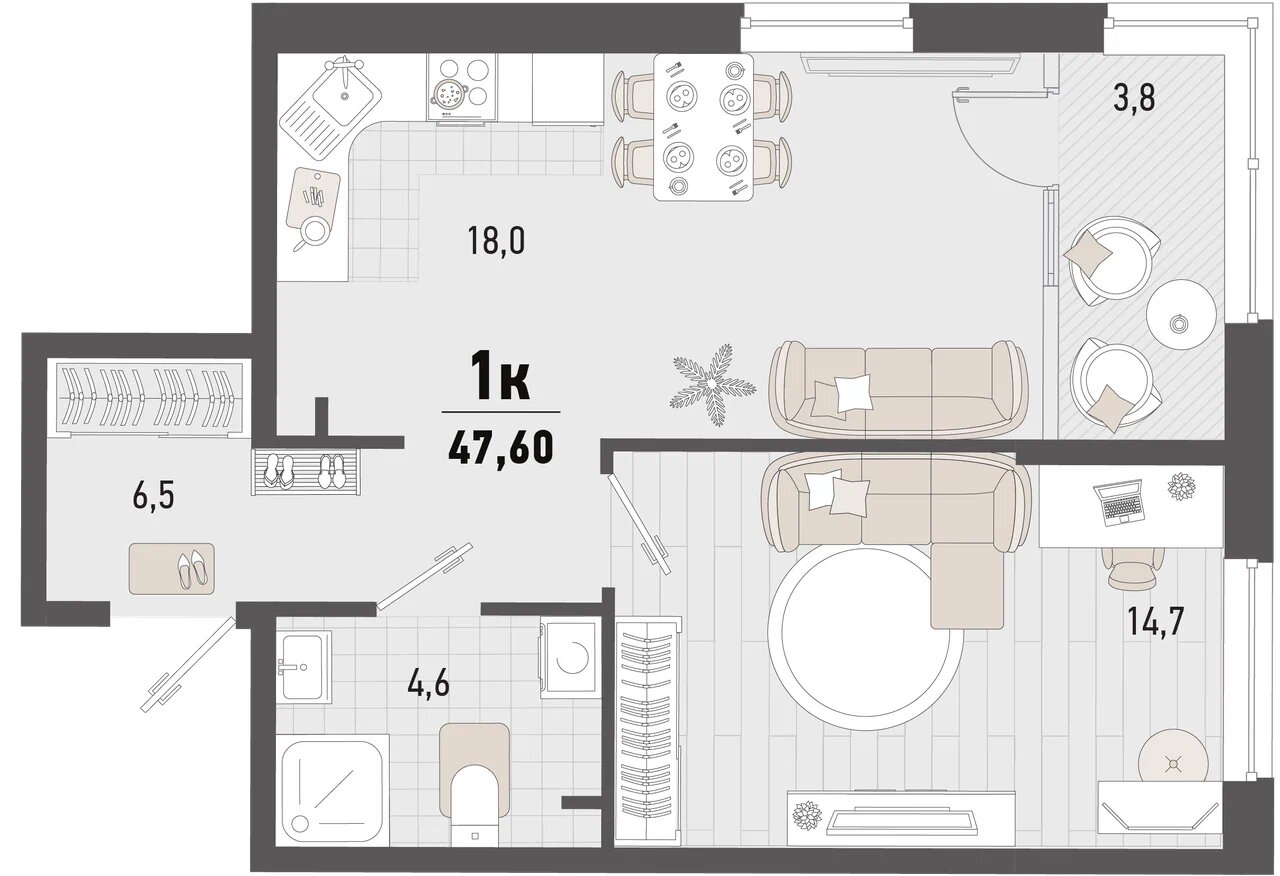 Планировка: 1-комн. квартира 45,7 м²