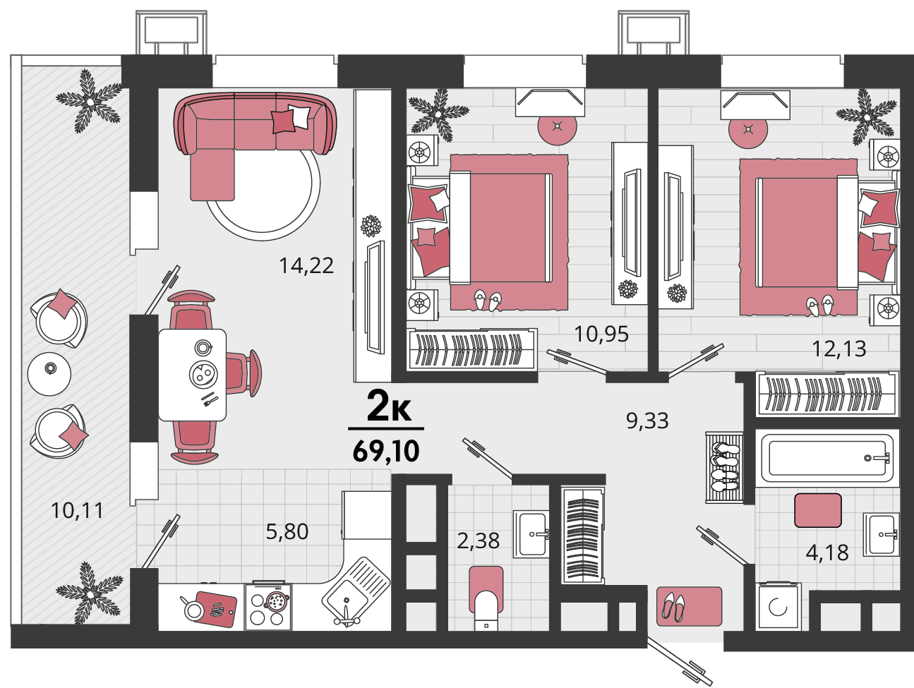 Планировка 3-комнатная 64,05 м²