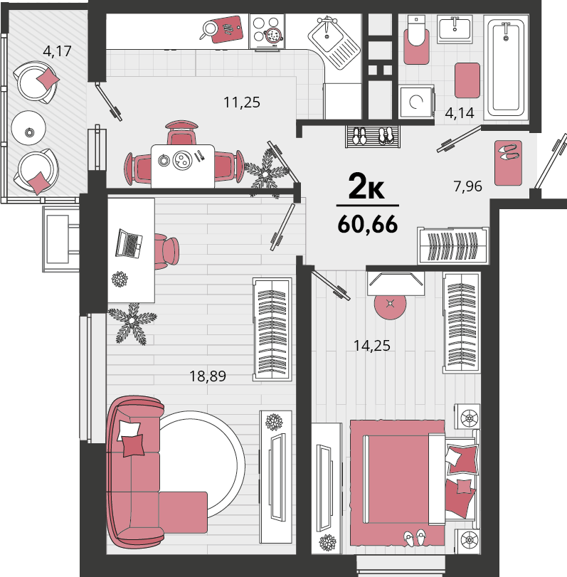 Планировка: 2-комн. квартира 58,6 м²