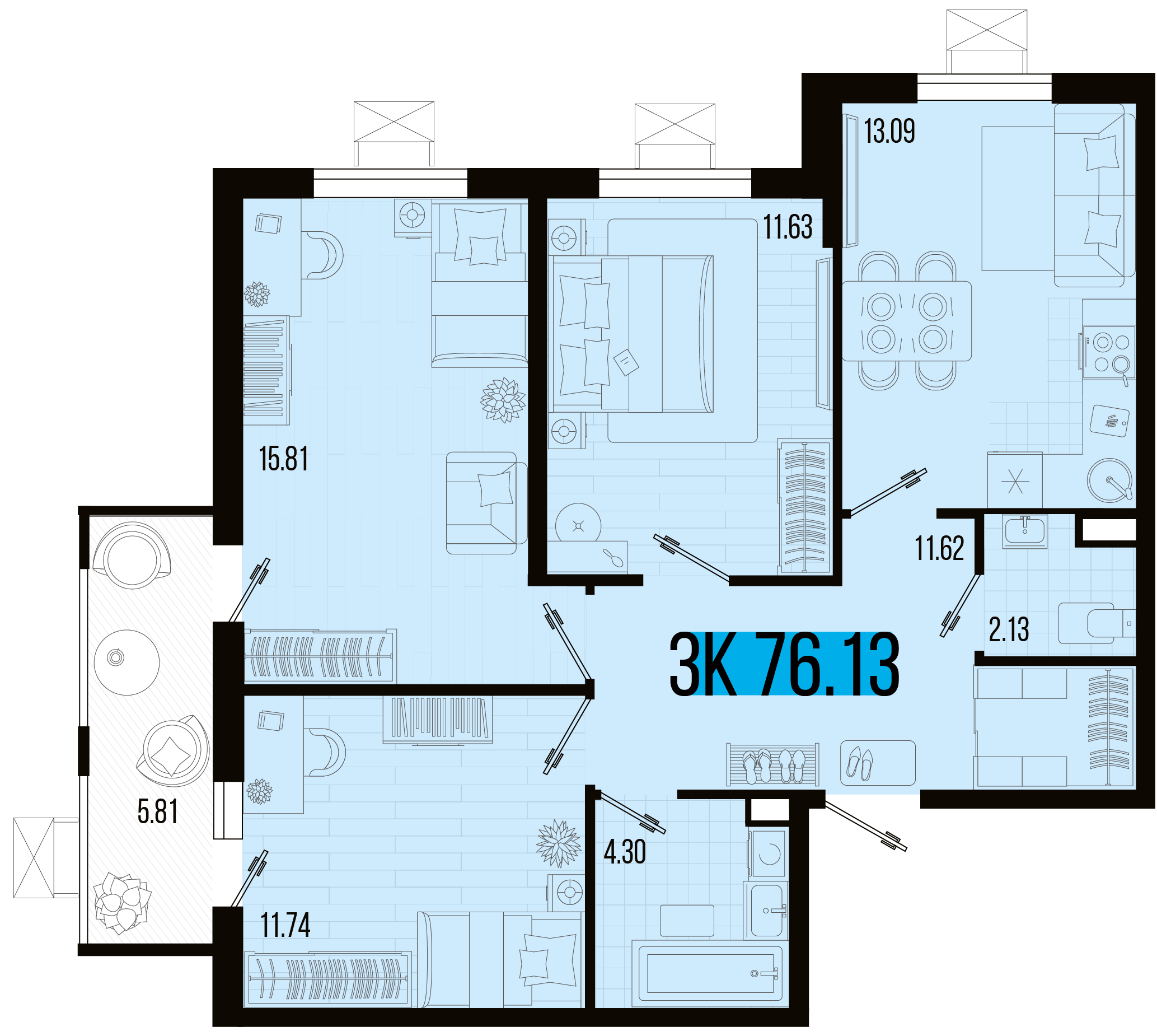 Планировка: 3-комн. квартира 73,2 м²