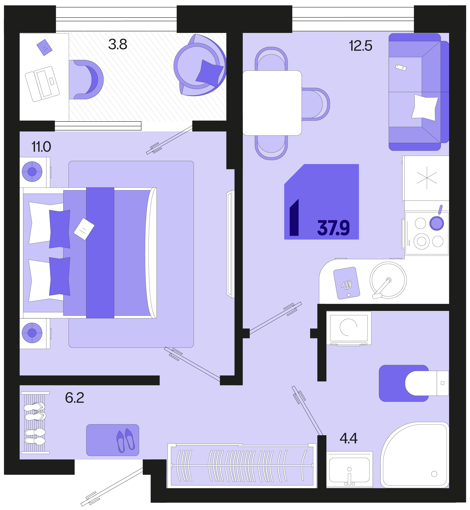 Планировка 1-комнатная 36 м²