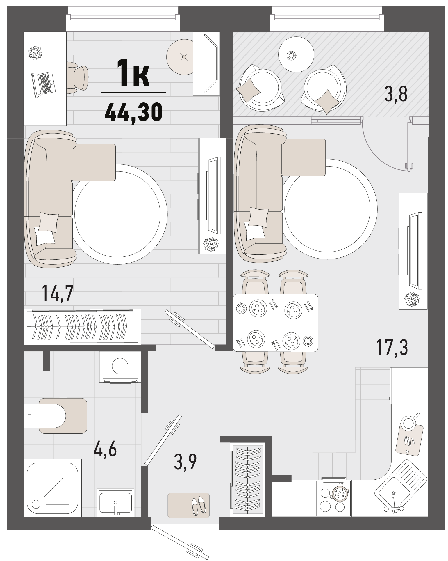Планировка: 1-комн. квартира 42,4 м²