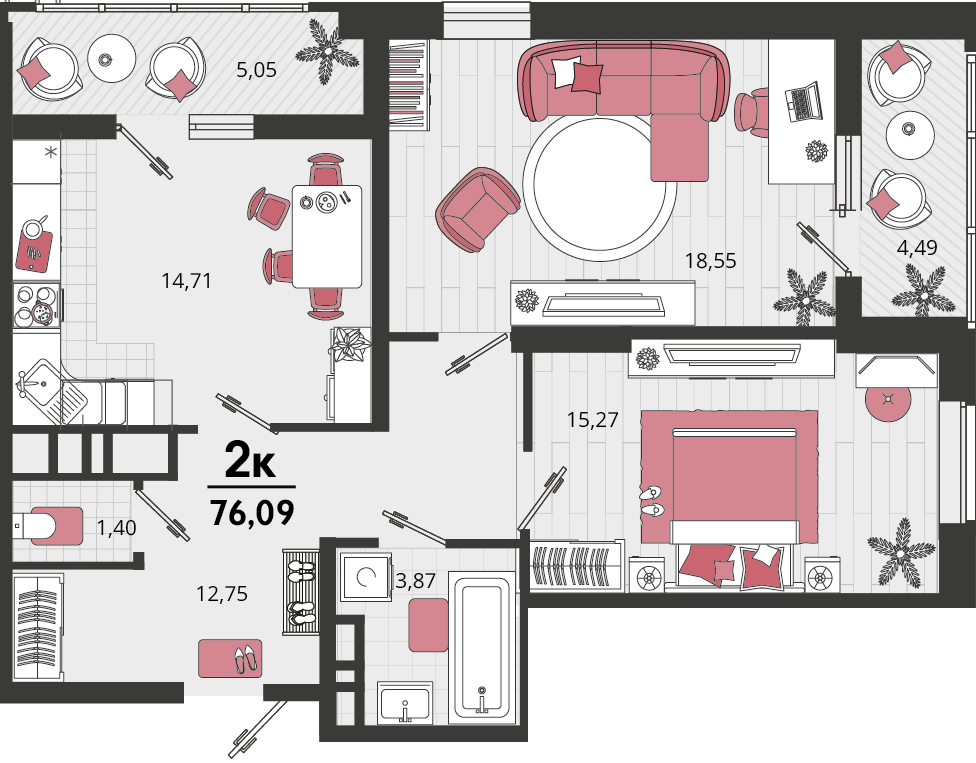 Планировка: 2-комн. квартира 71,3 м²
