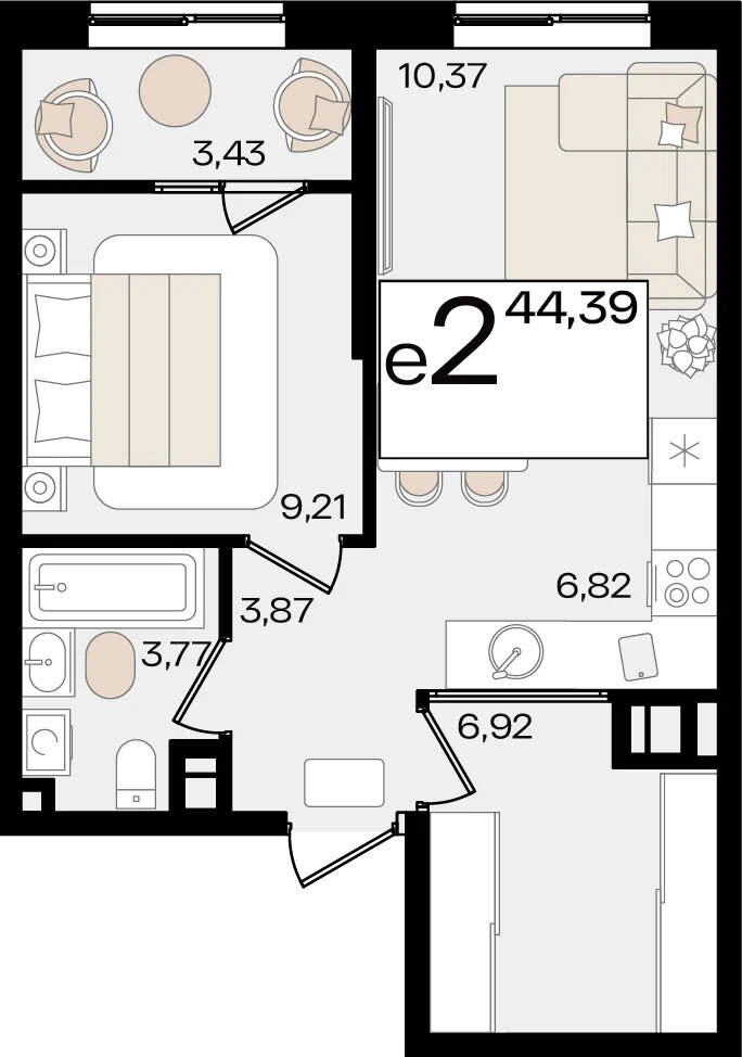 Планировка 2-комнатная 42,85 м²
