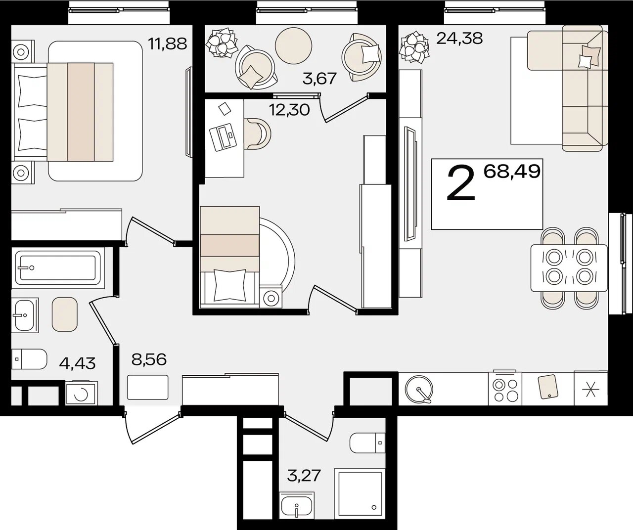 Планировка: 2-комн. квартира 66,7 м²