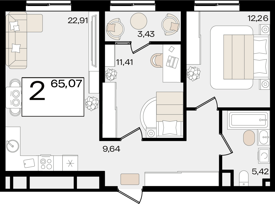 Планировка 2-комнатная 63,5 м²