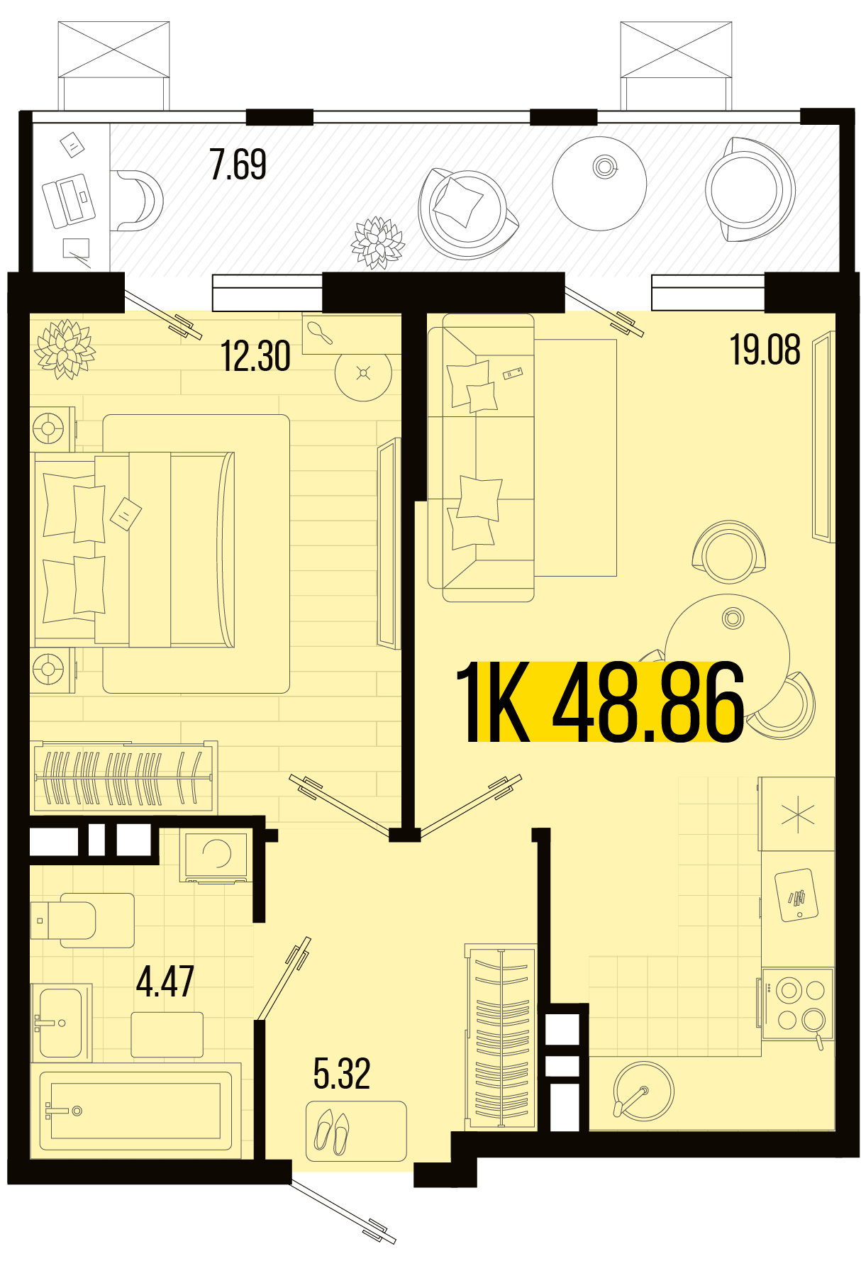 Планировка: 1-комн. квартира 45 м²