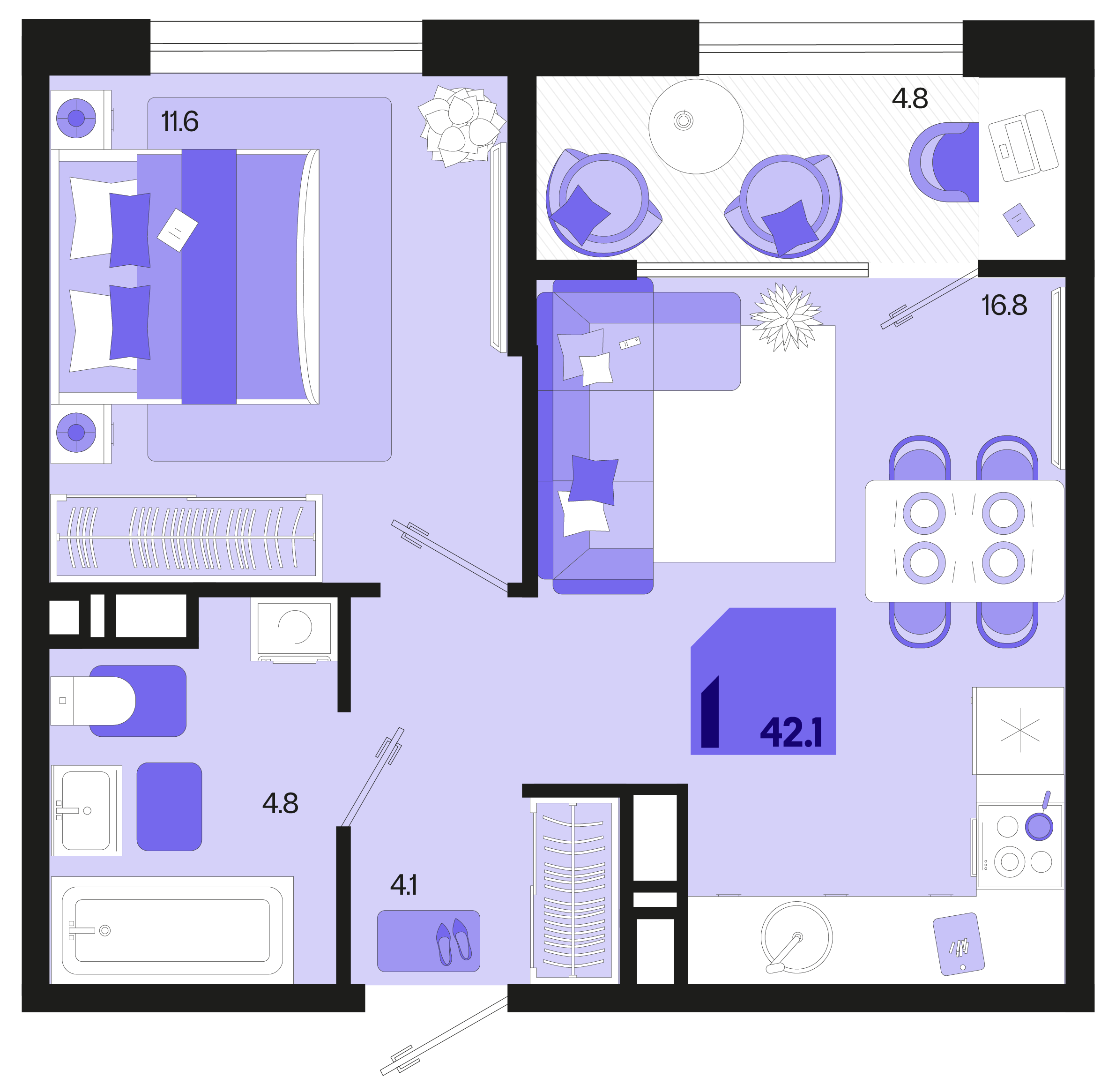 Планировка: 1-комн. квартира 39,7 м²