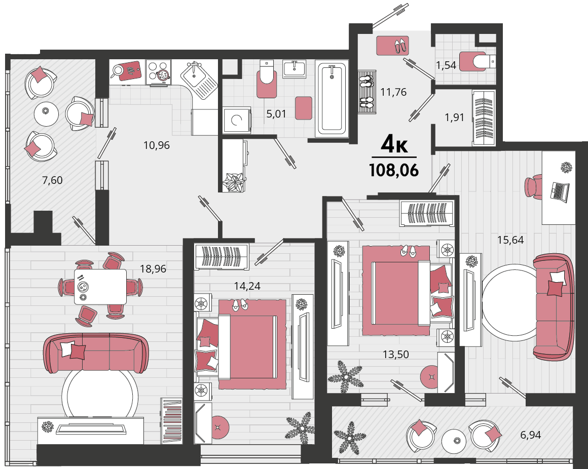 Планировка: 4-комн. квартира 100,8 м²