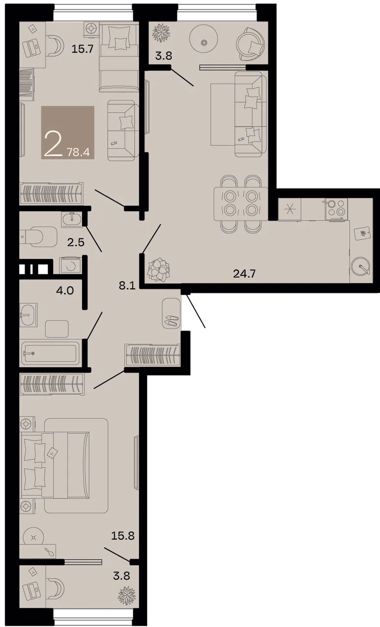 Планировка: 2-комн. квартира 74,6 м²