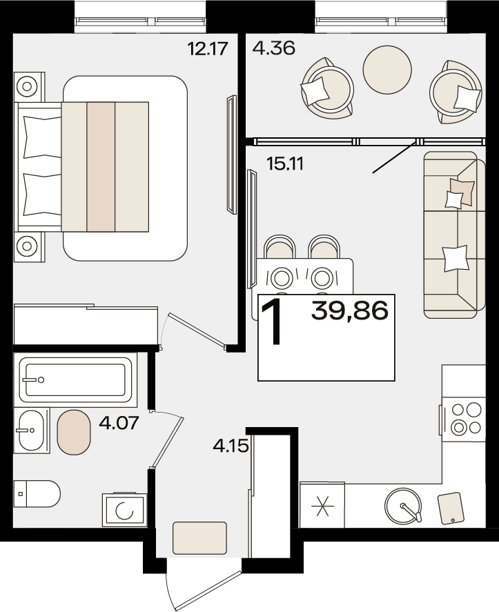 Планировка 1-комнатная 37,68 м²