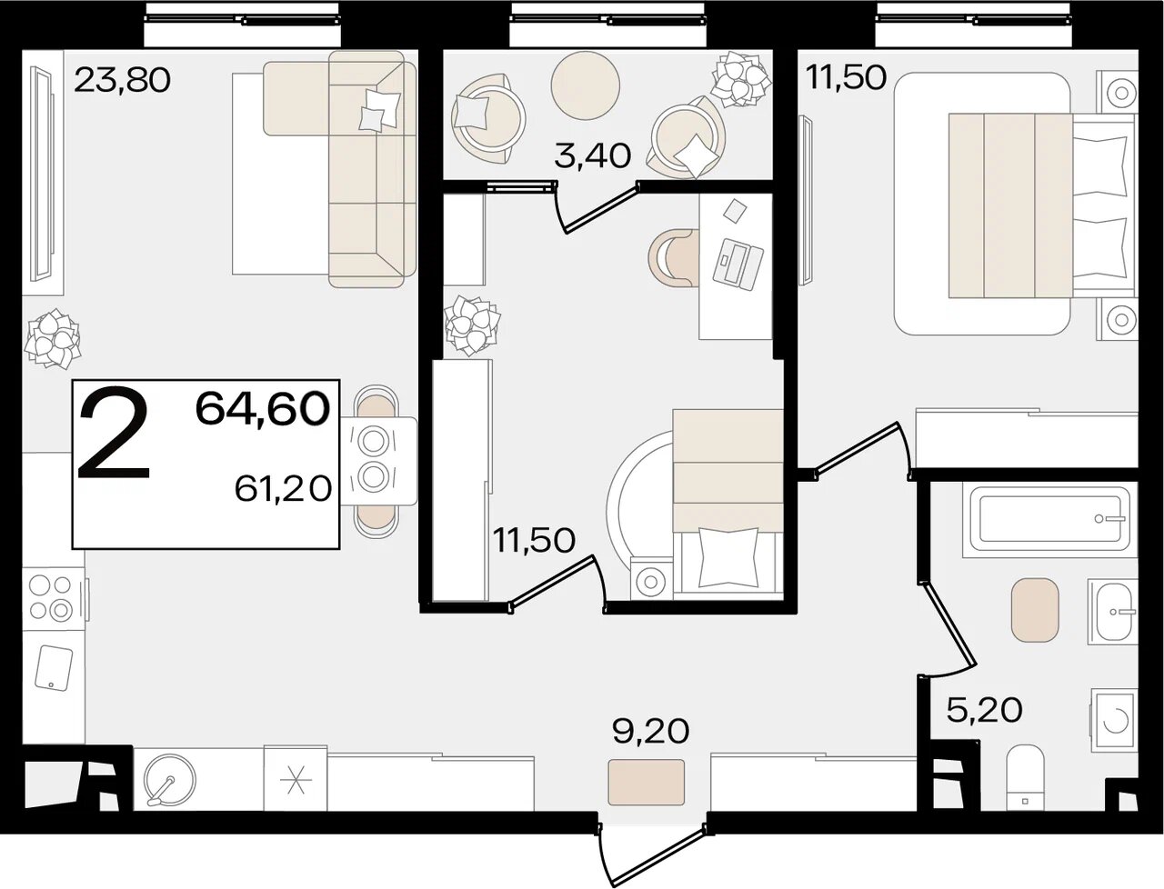 Планировка: 2-комн. квартира 62,9 м²