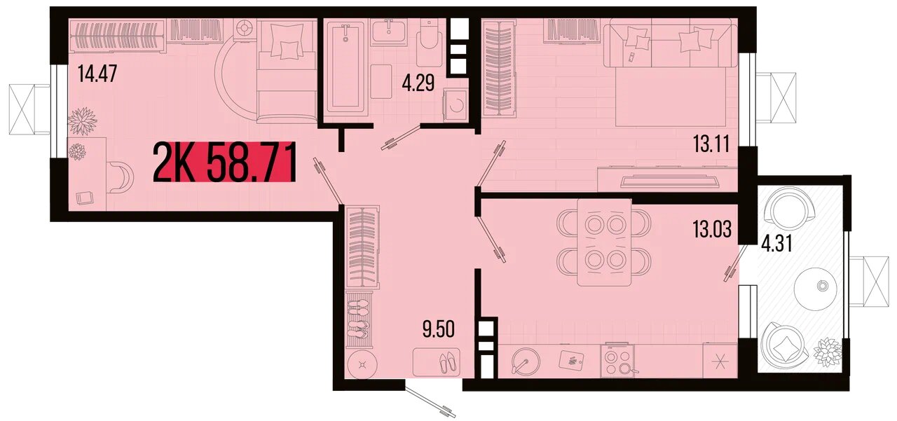 Планировка: 2-комн. квартира 57 м²