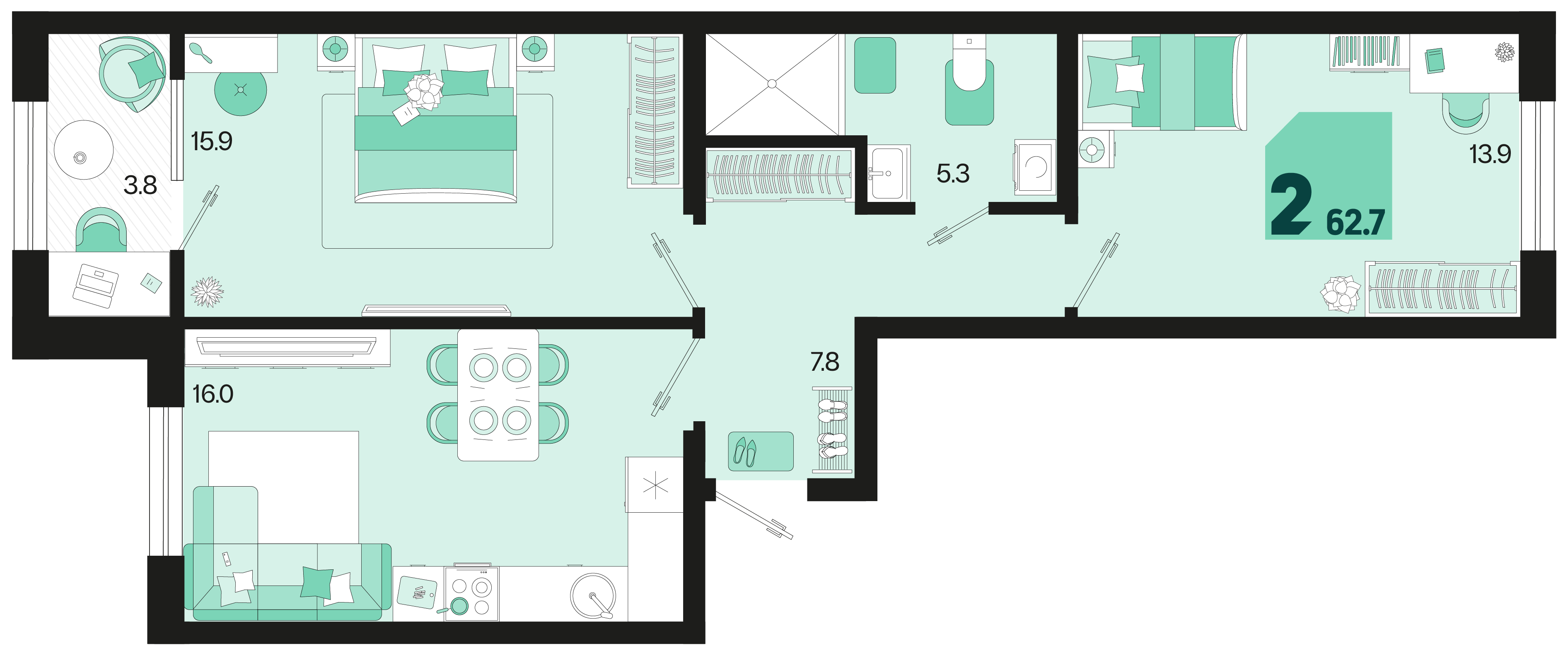 Планировка: 2-комн. квартира 60,8 м²