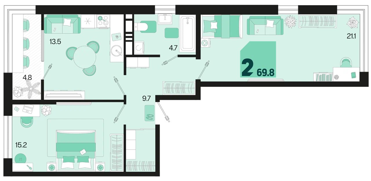 Планировка: 2-комн. квартира 66,6 м²