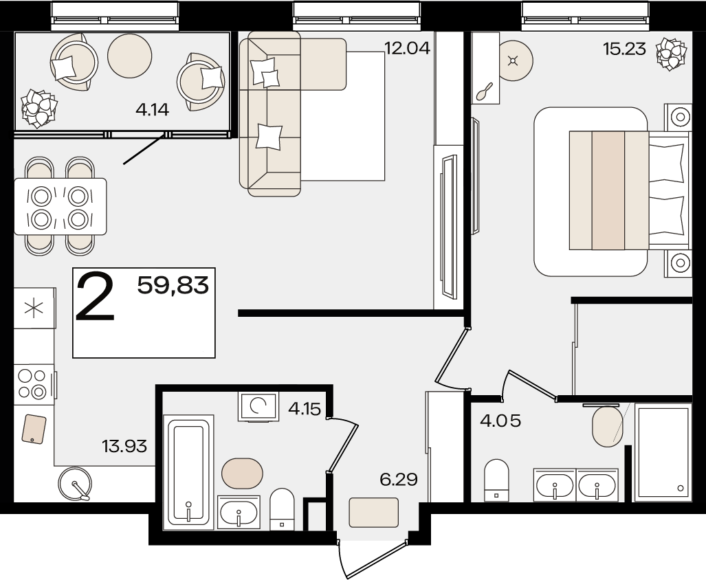 Планировка: 2-комн. квартира 57,8 м²