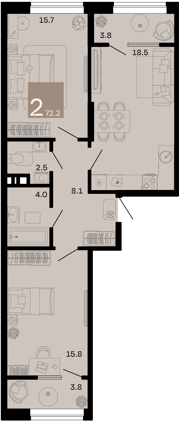 Планировка: 2-комн. квартира 68,4 м²