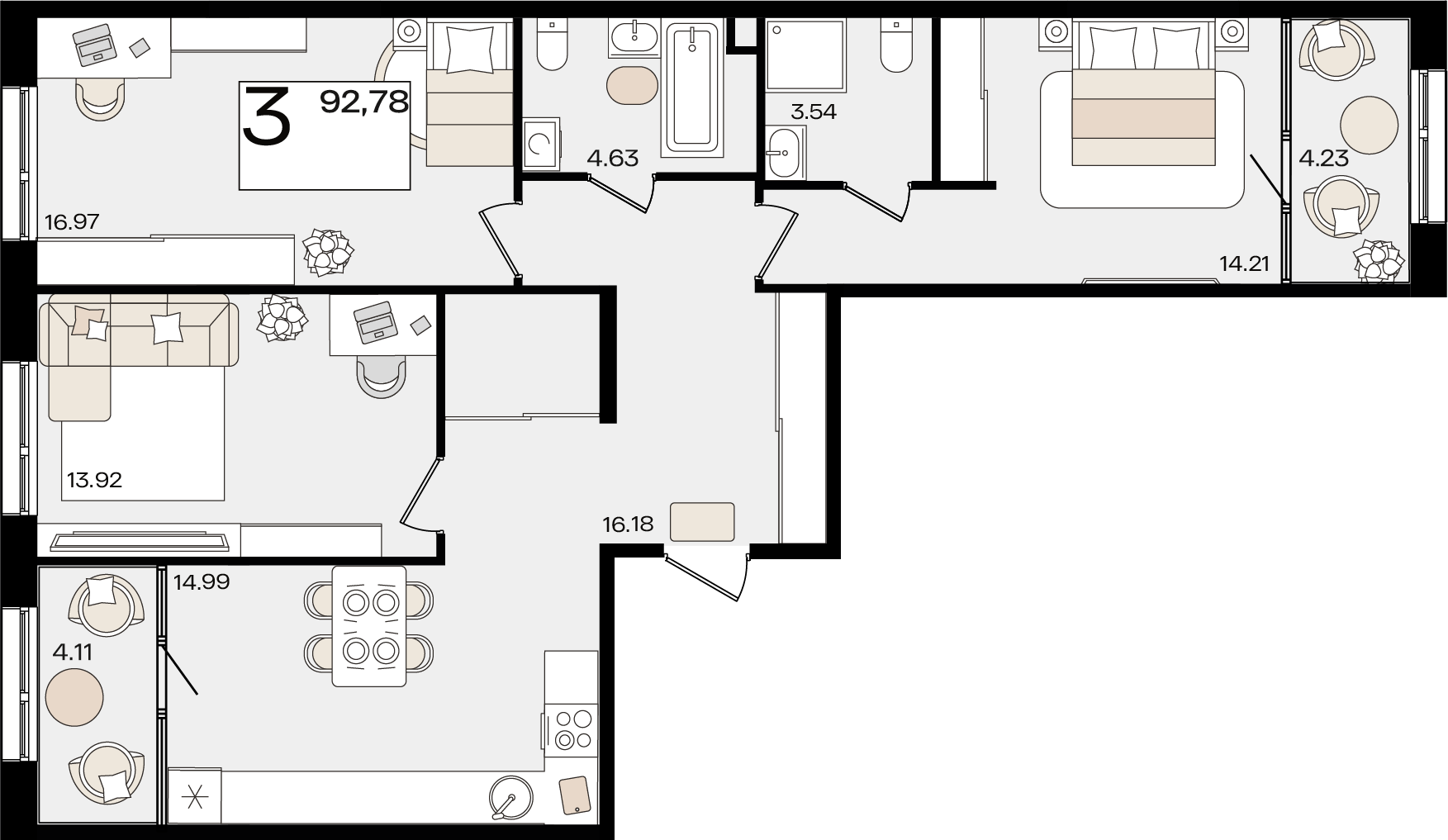 Планировка: 3-комн. квартира 88,1 м²