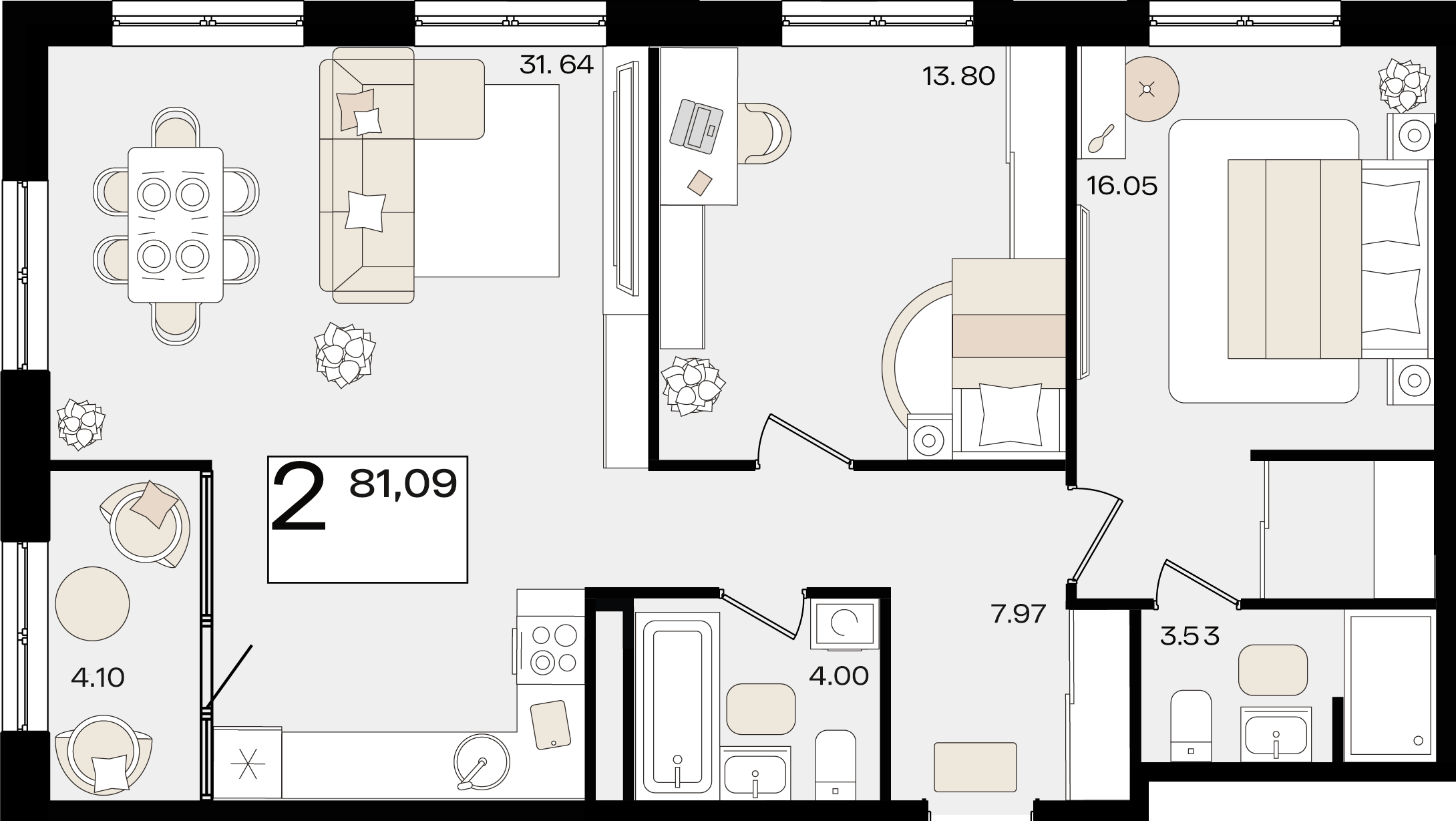 Планировка: 2-комн. квартира 79 м²