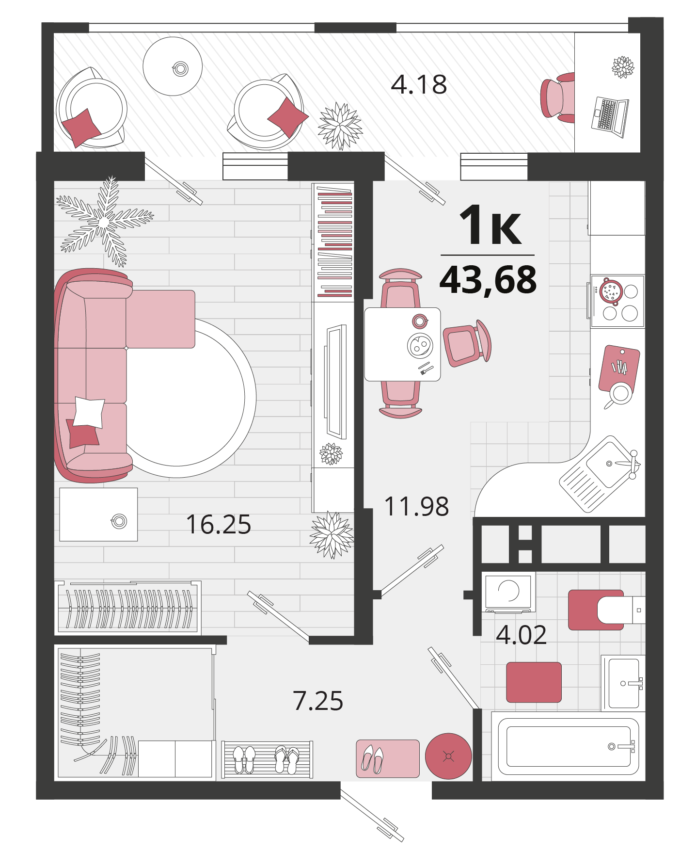 Планировка: 1-комн. квартира 43,8 м²
