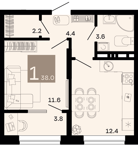 Планировка: 1-комн. квартира 36,1 м²