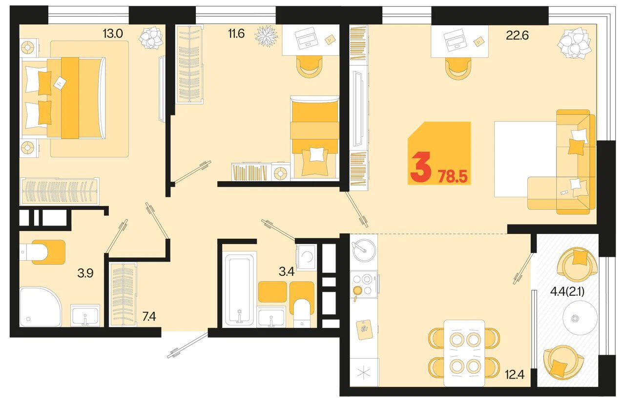 Планировка: 3-комн. квартира 76,4 м²