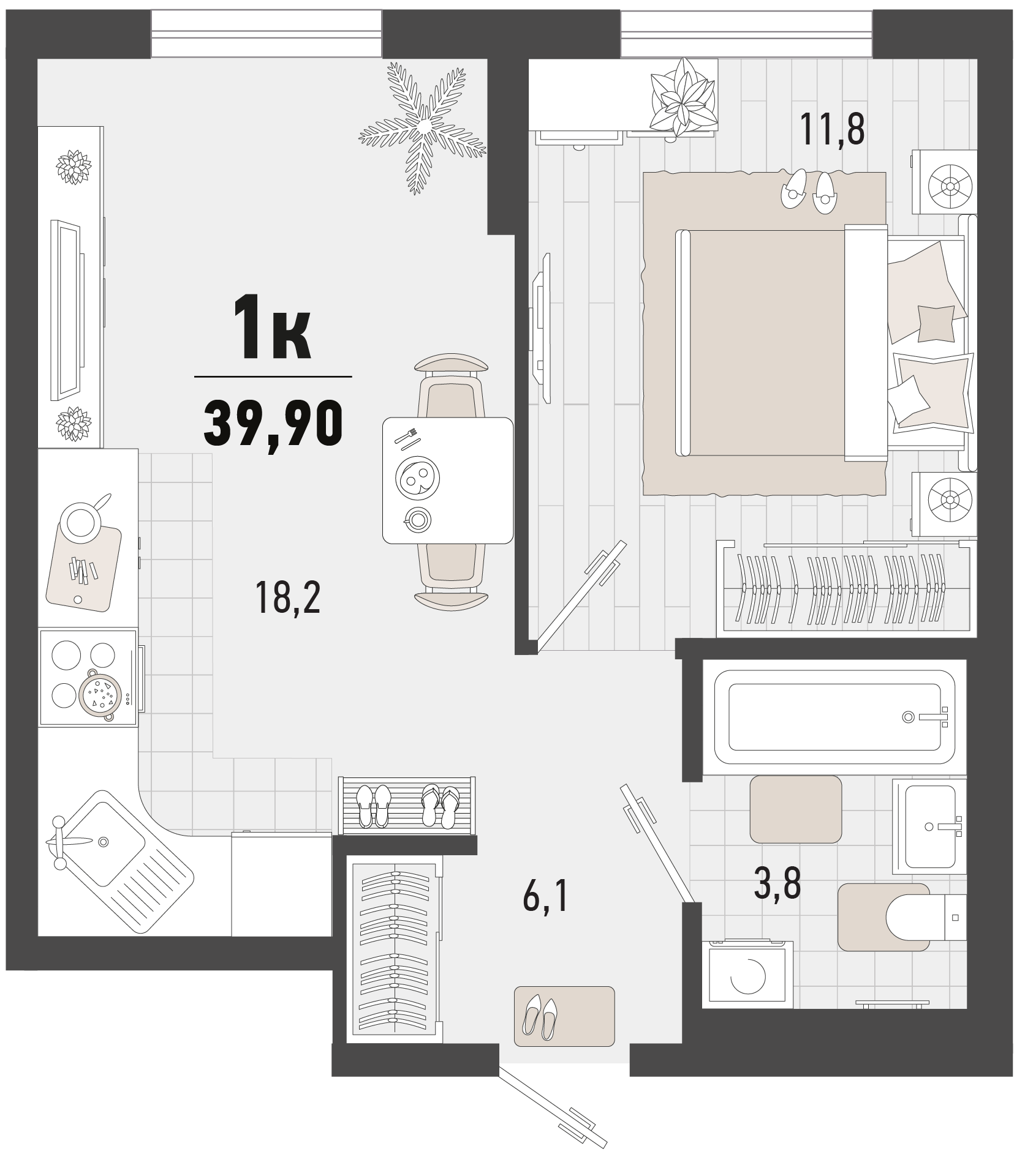 Планировка: 1-комн. квартира 39,9 м²