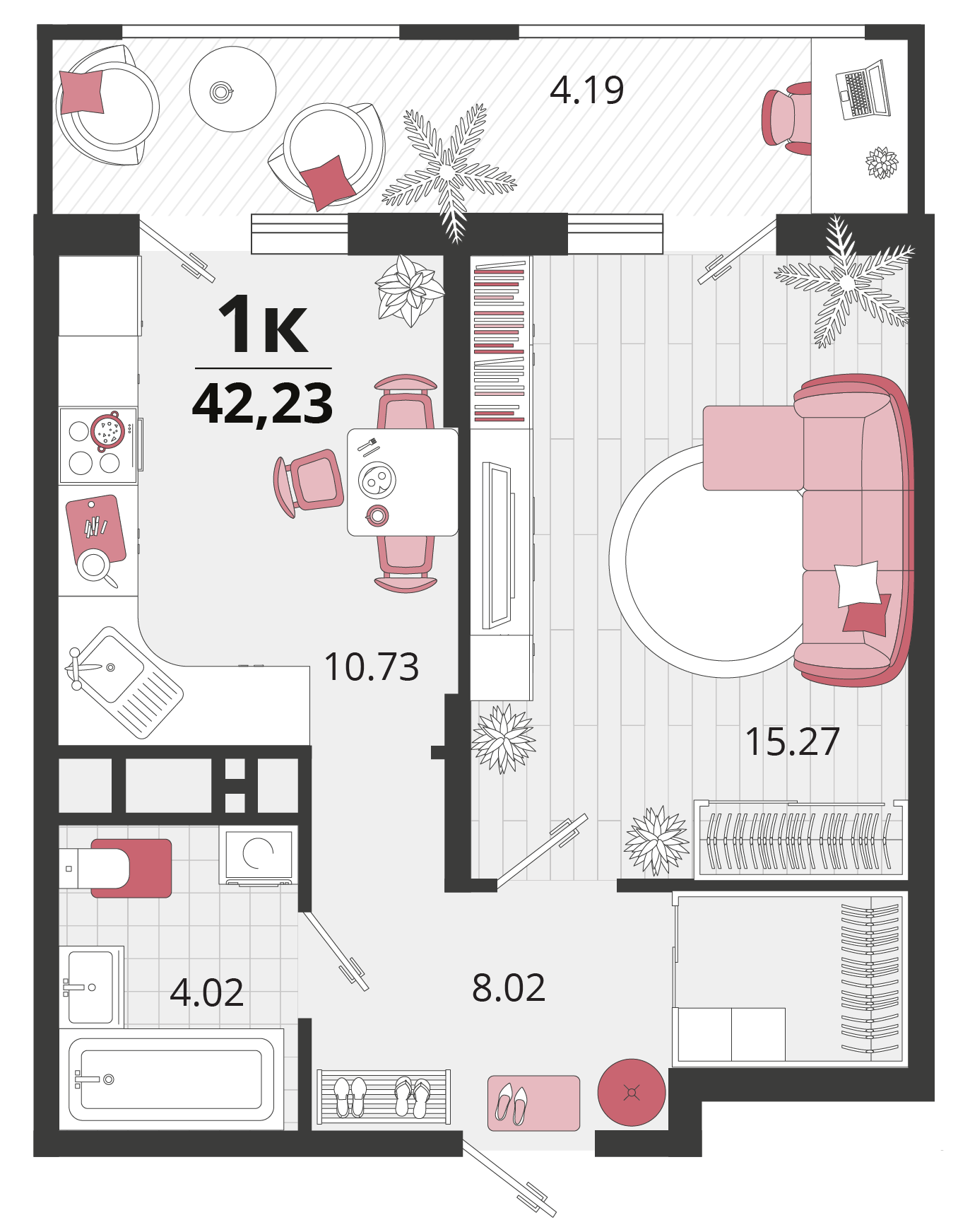 Планировка: 1-комн. квартира 42,3 м²