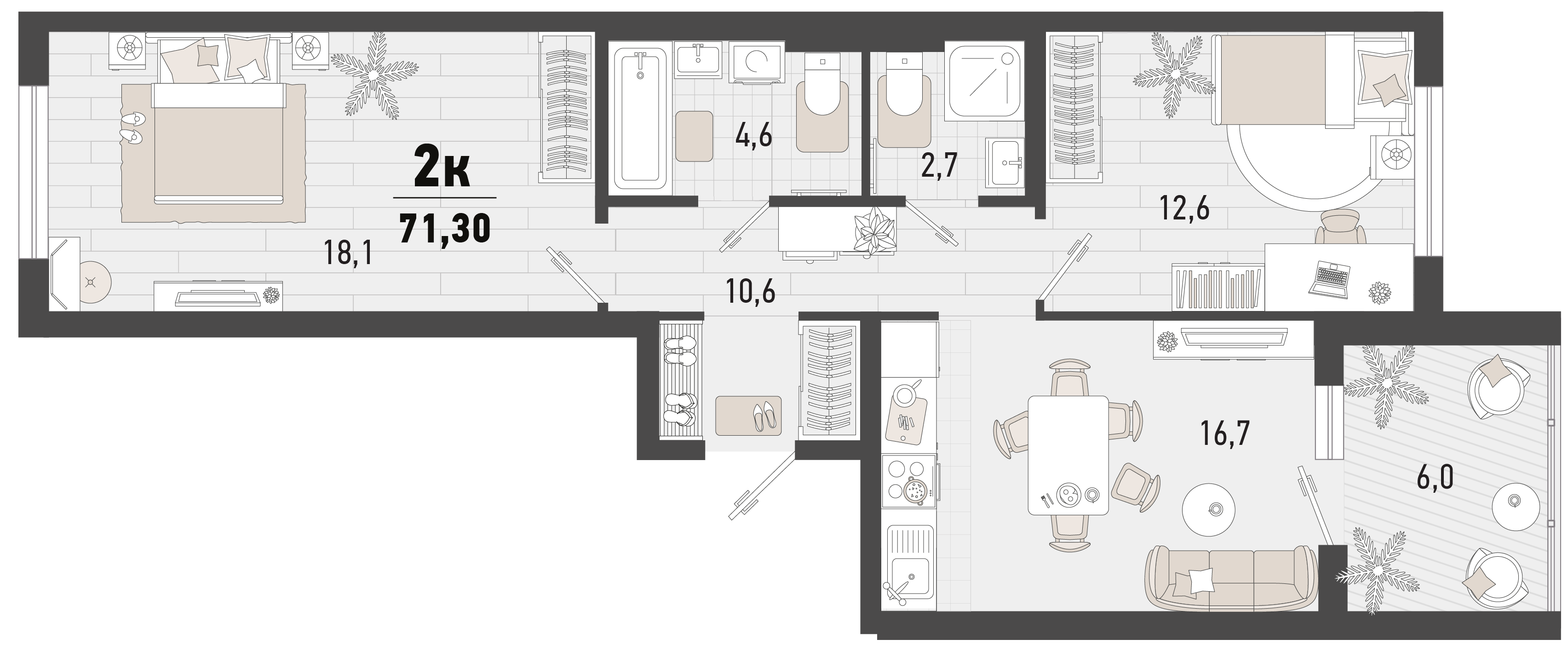 Планировка: 2-комн. квартира 68,3 м²