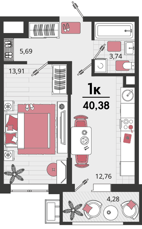 Планировка: 1-комн. квартира 37,4 м²