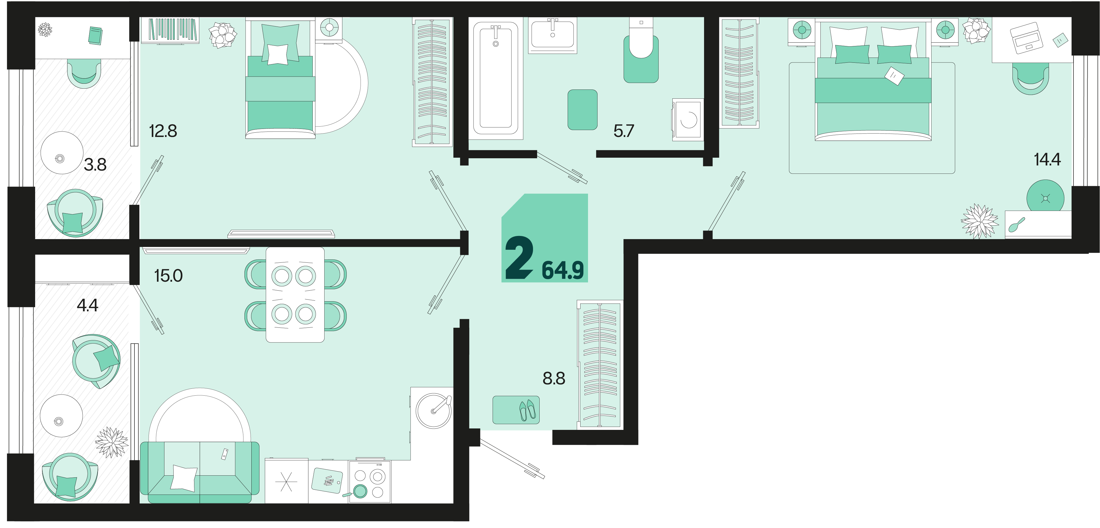 Планировка: 2-комн. квартира 60,8 м²