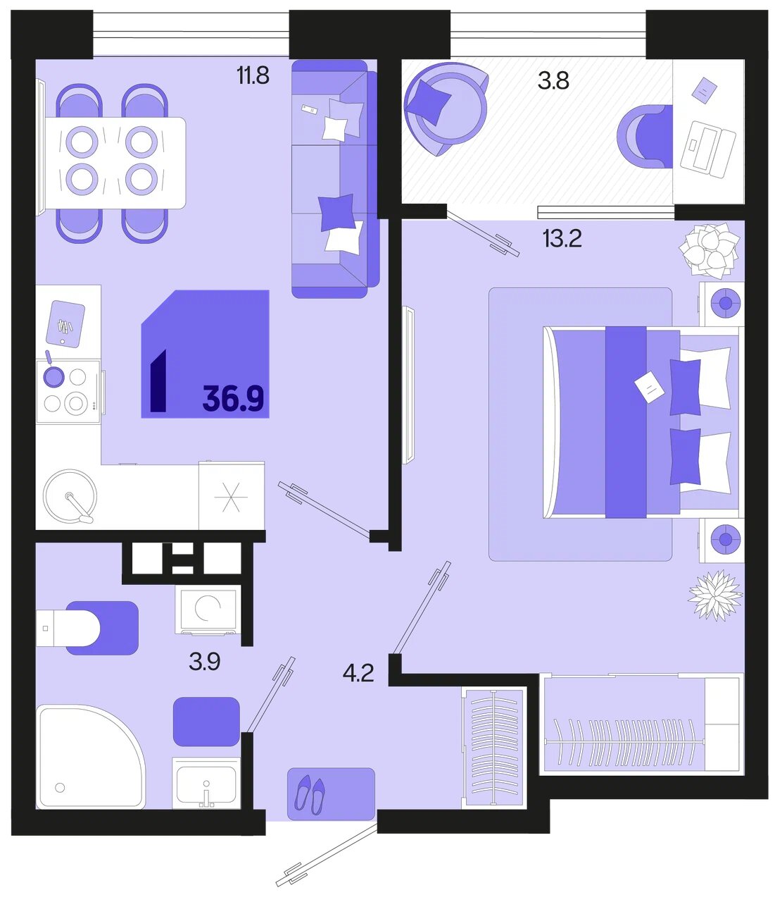 Планировка: 1-комн. квартира 35 м²