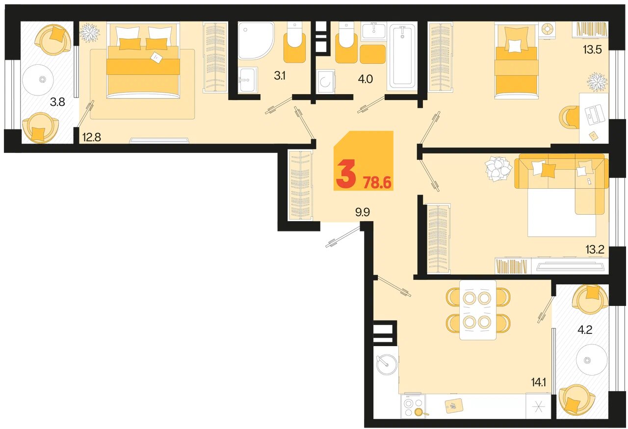 Планировка 3-комнатная 74,6 м²