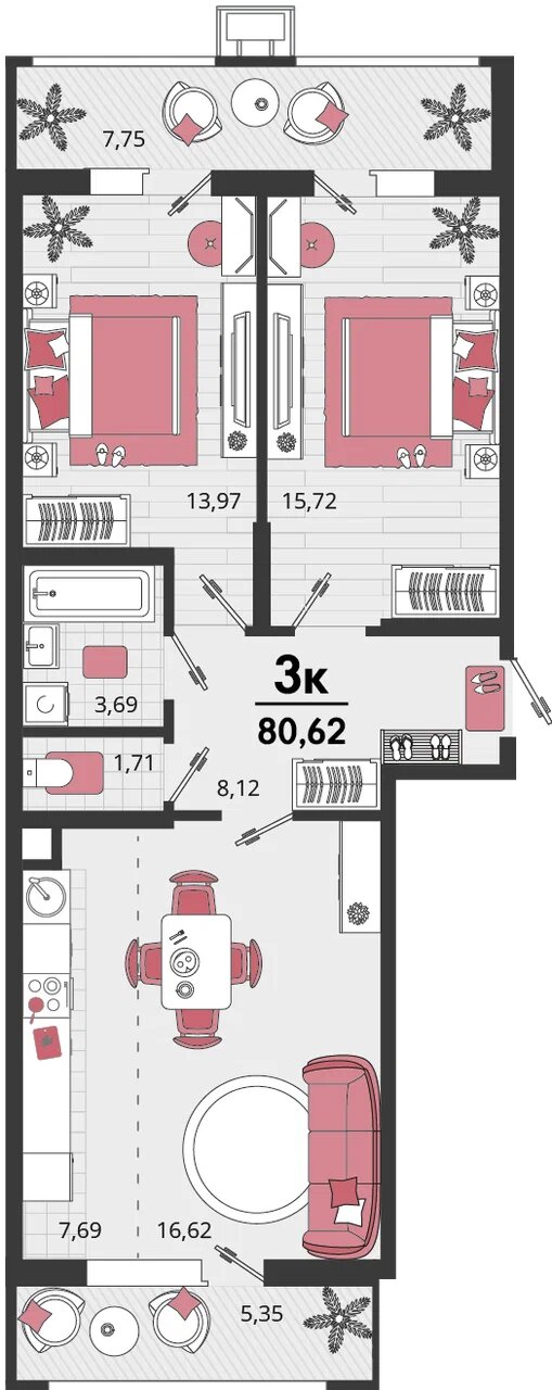 Планировка: 3-комн. квартира 74,1 м²