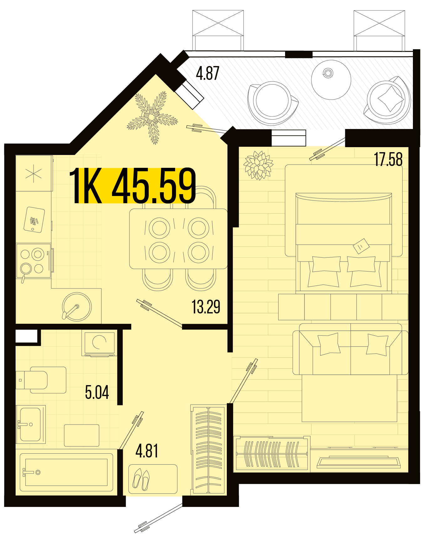 Планировка: 1-комн. квартира 43,9 м²