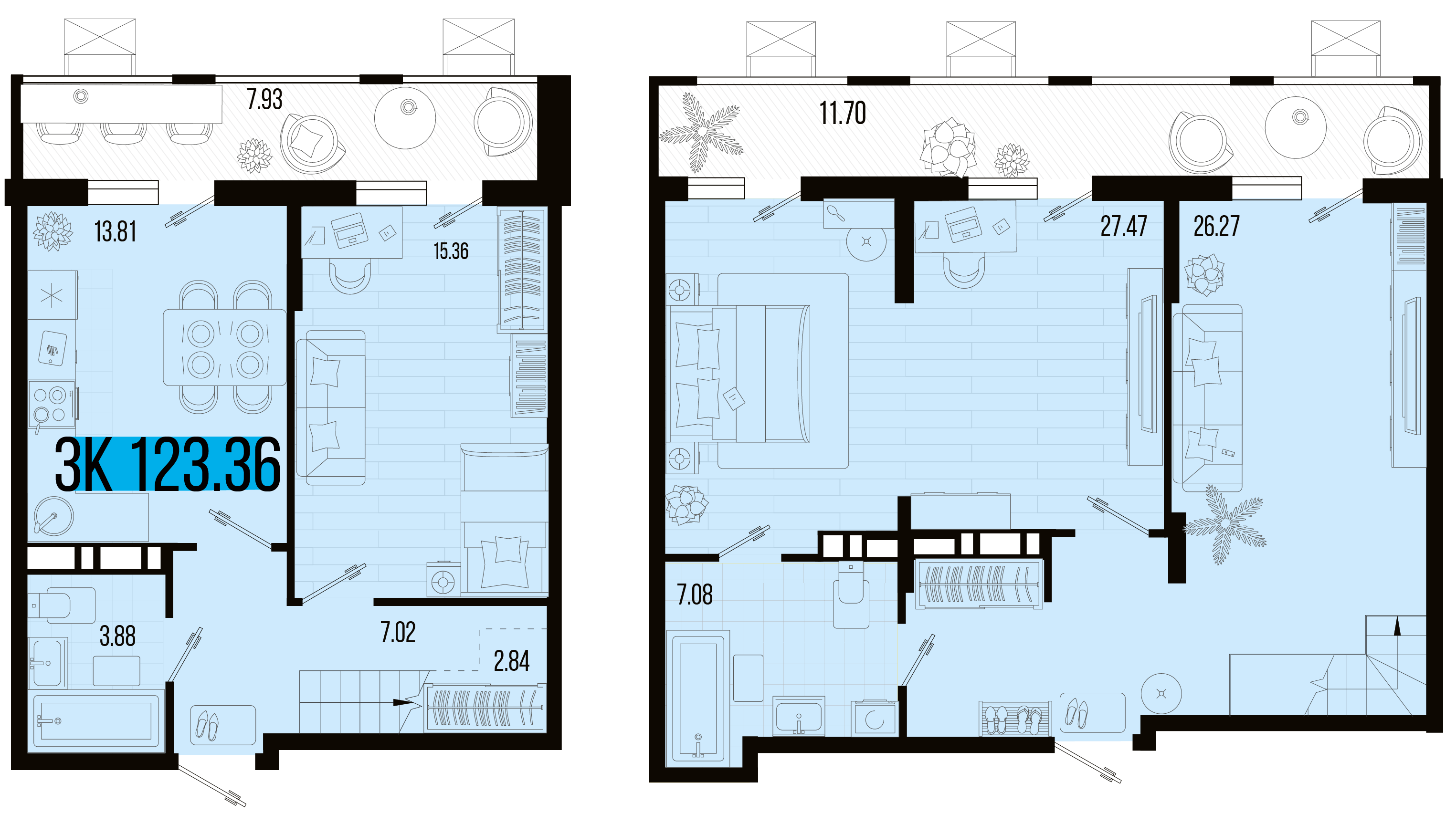 Планировка 3-комнатная 113,54 м²