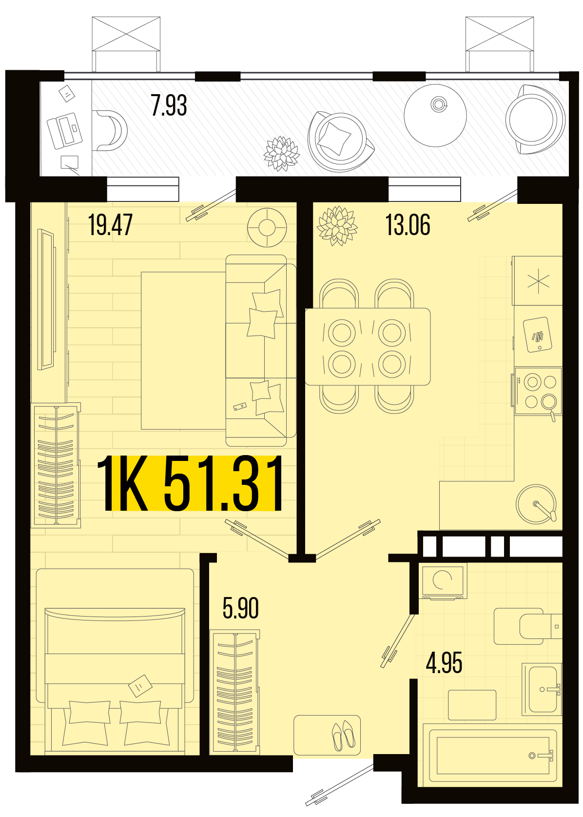 Планировка 1-комнатная 47,34 м²