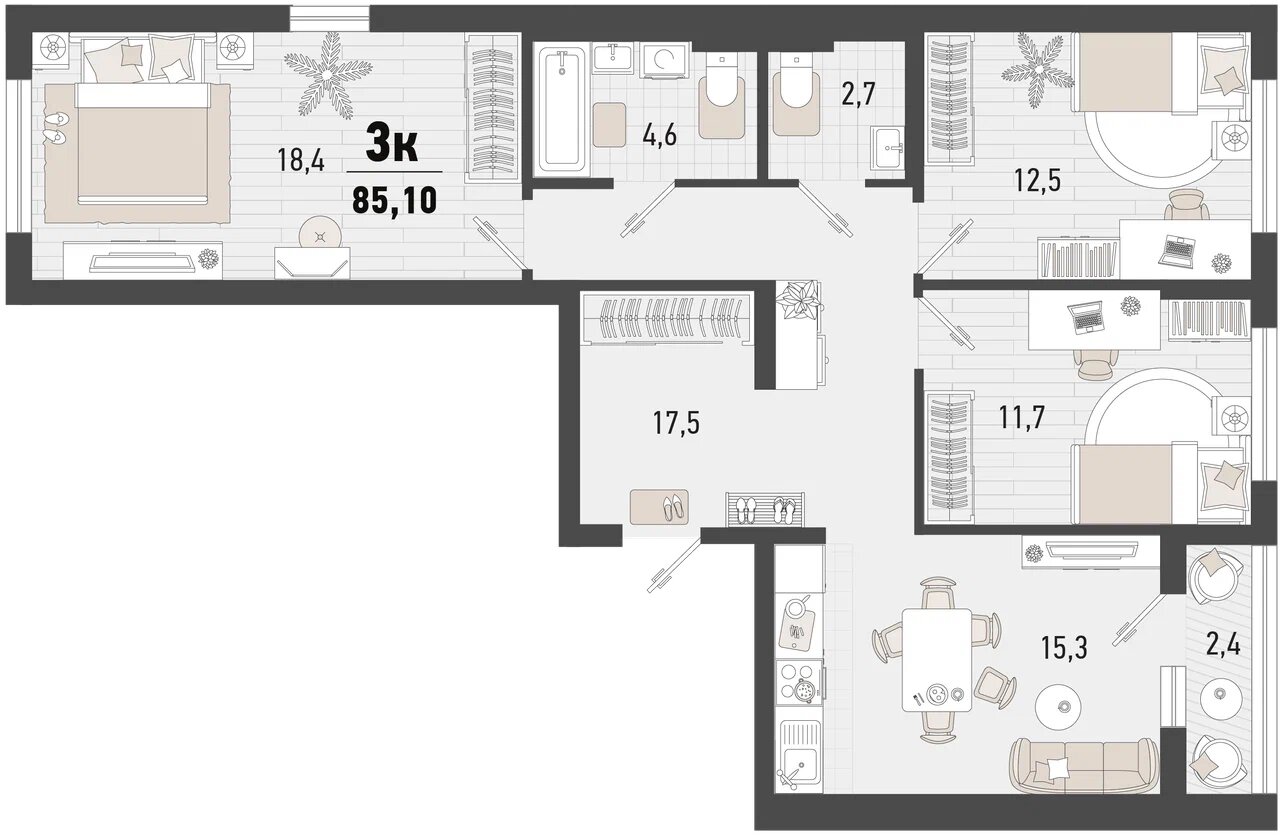 Планировка 3-комнатная 83,9 м²
