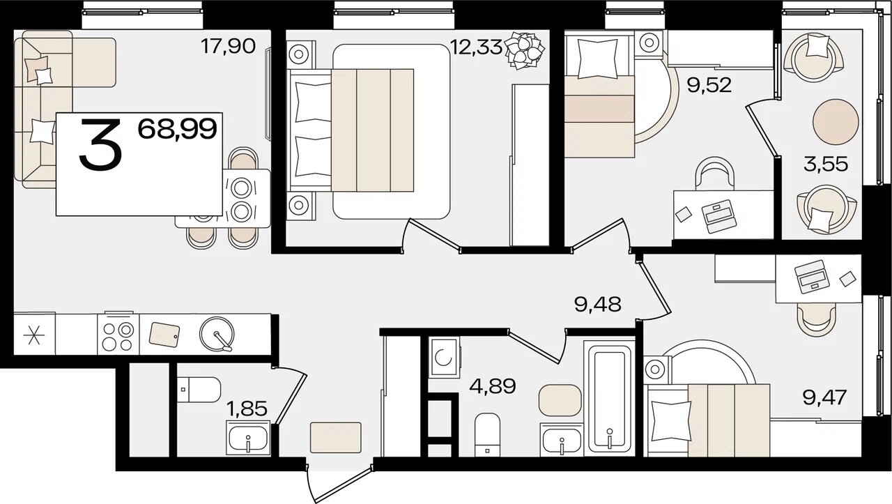 Планировка: 3-комн. квартира 67,2 м²