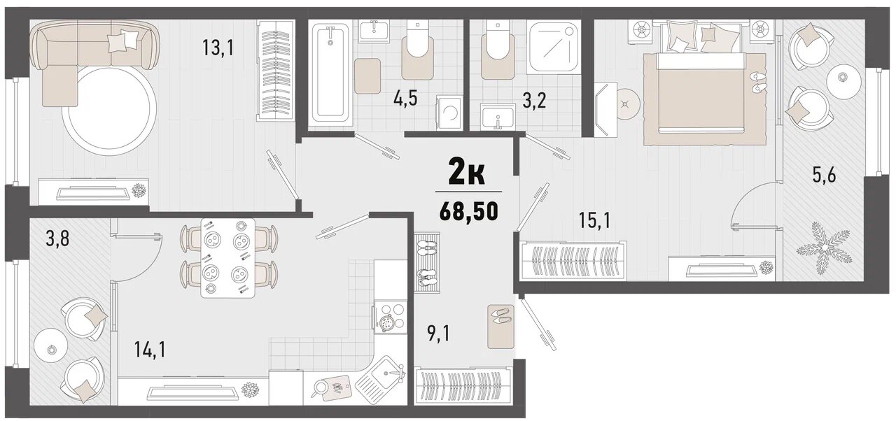 Планировка: 2-комн. квартира 63,8 м²