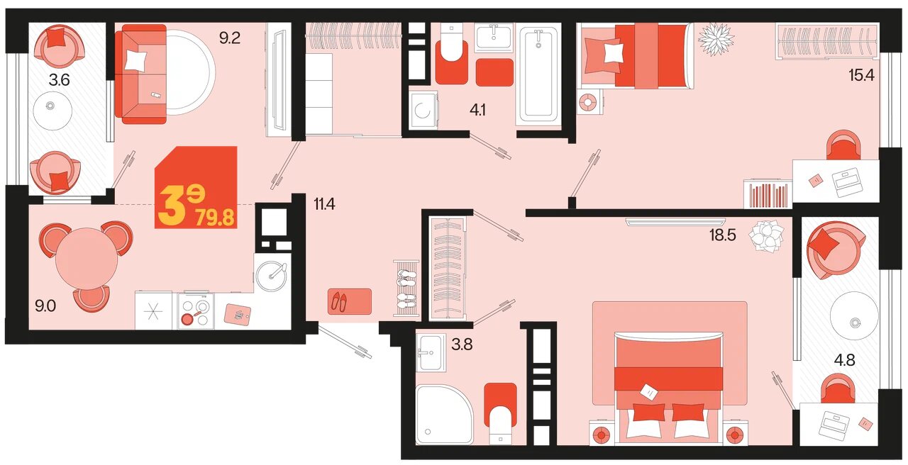 Планировка: 3-комн. квартира 75,6 м²