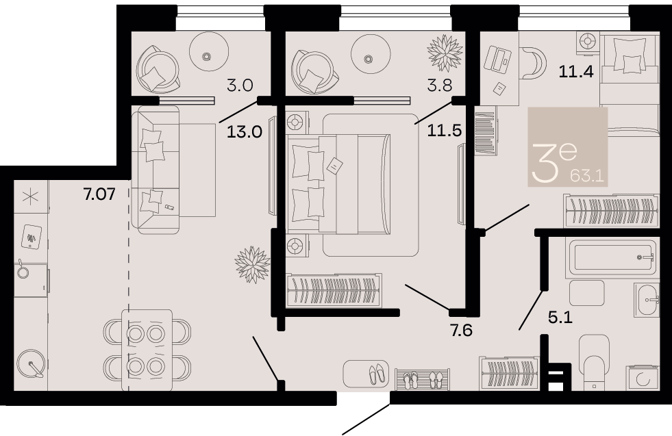 Планировка: 3-комн. квартира 59,7 м²