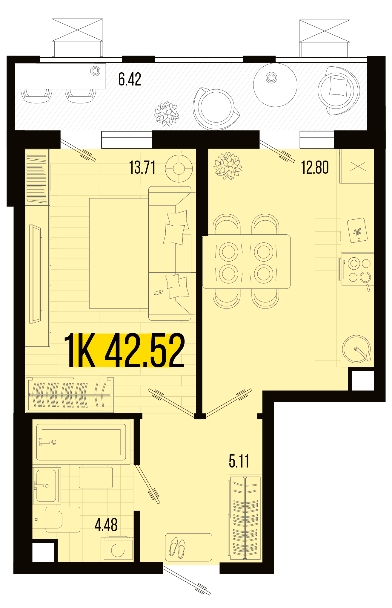 Планировка: 1-комн. квартира 40 м²