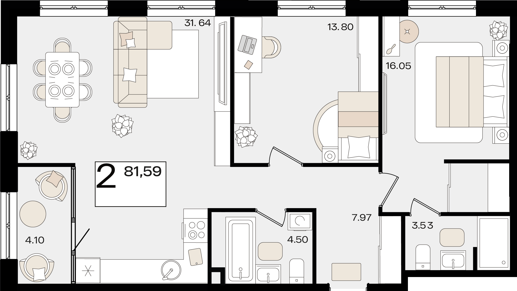 Планировка: 2-комн. квартира 79 м²
