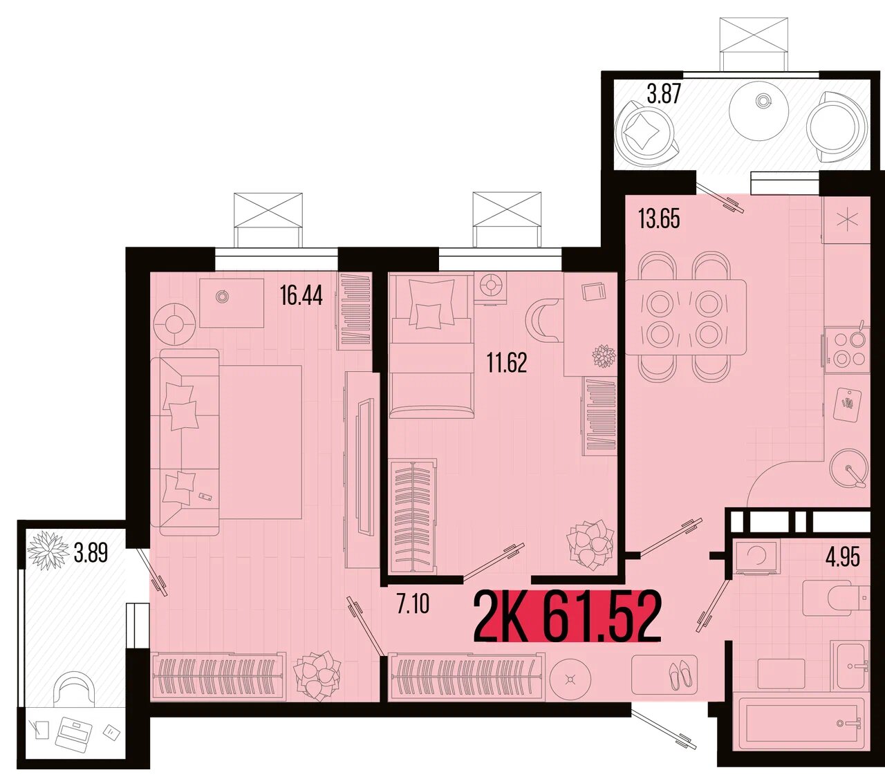 Планировка: 2-комн. квартира 58,1 м²