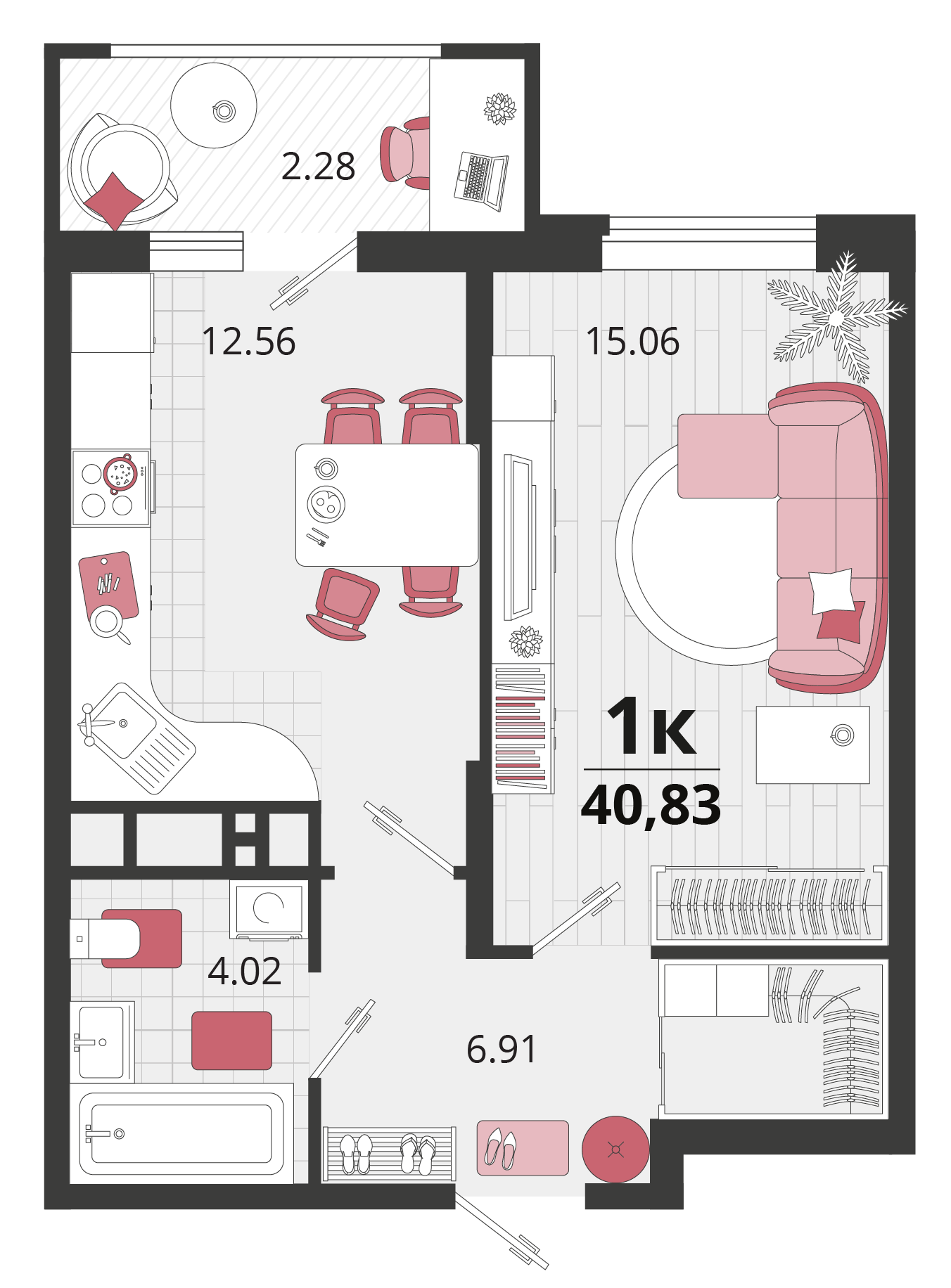 Планировка: 1-комн. квартира 41,3 м²
